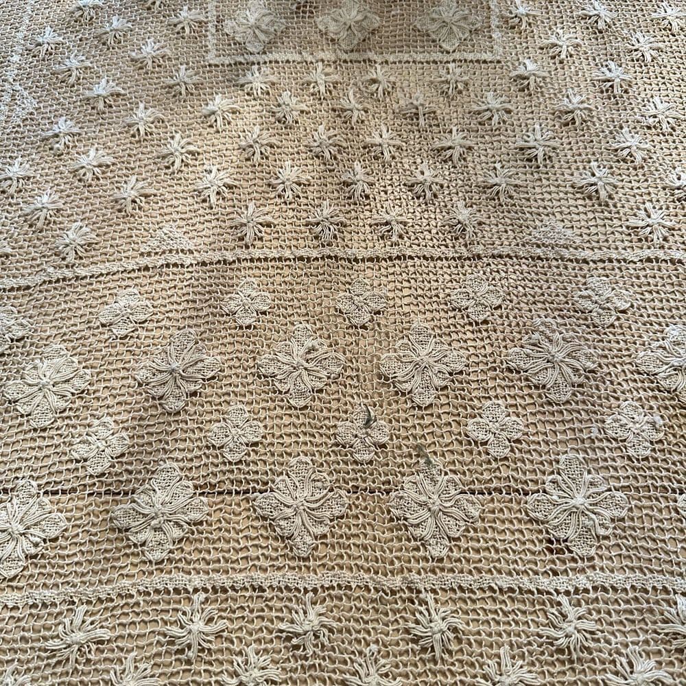 Vtg Lace Tablecloth Flower Runner Hand Crocheted 80 by 62" - Thumbnail 2