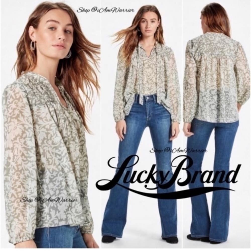 LUCKY Brand Gray & White Sheer Long Sleeve Blouse Size S Peasant Cottage… - Thumbnail 2
