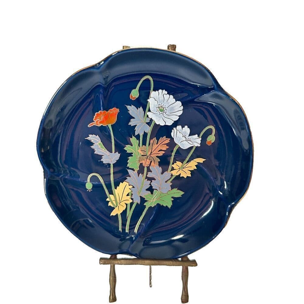 Vintage Yamaji Blue Plate with Flowers 7" Flower Shaped Plate Gold Trim Japan - Thumbnail 2
