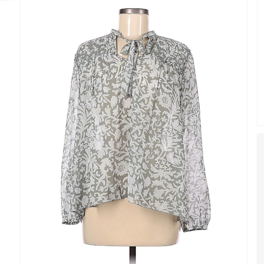 LUCKY Brand Gray & White Sheer Long Sleeve Blouse Size S Peasant Cottage… - Thumbnail 3
