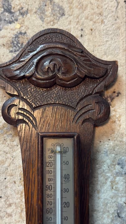Antique Edwardian Carved Oak Banjo Barometer & Thermometer | John Barker & Co. - Thumbnail 3