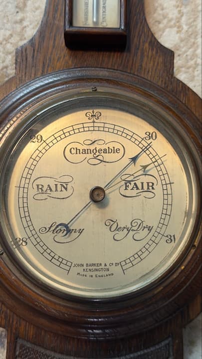 Antique Edwardian Carved Oak Banjo Barometer & Thermometer | John Barker & Co. - Thumbnail 5