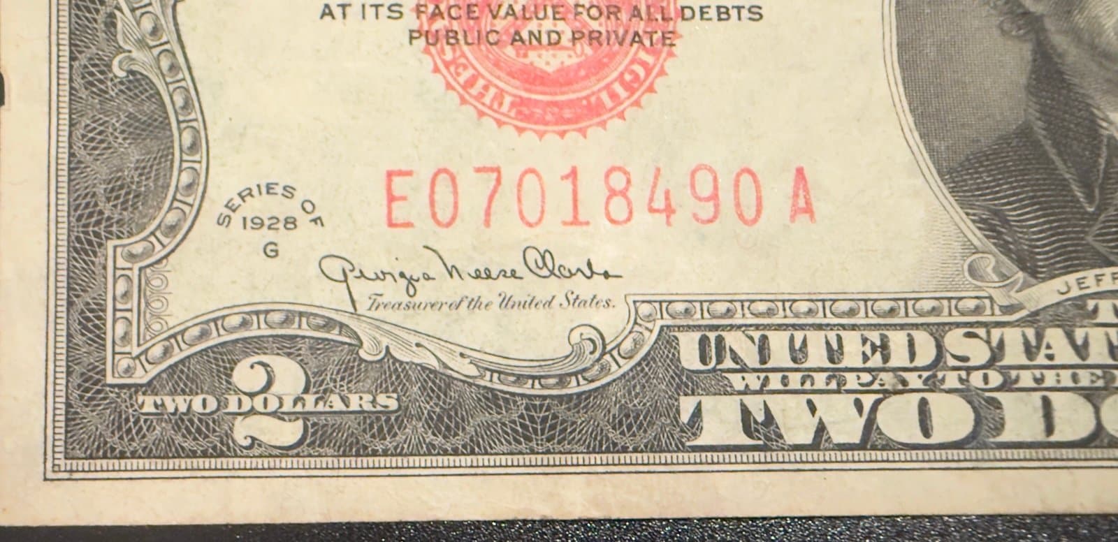 Title: 1928-G $2 Red Seal Note w/ Reverse Ink Transfer - Thumbnail 4