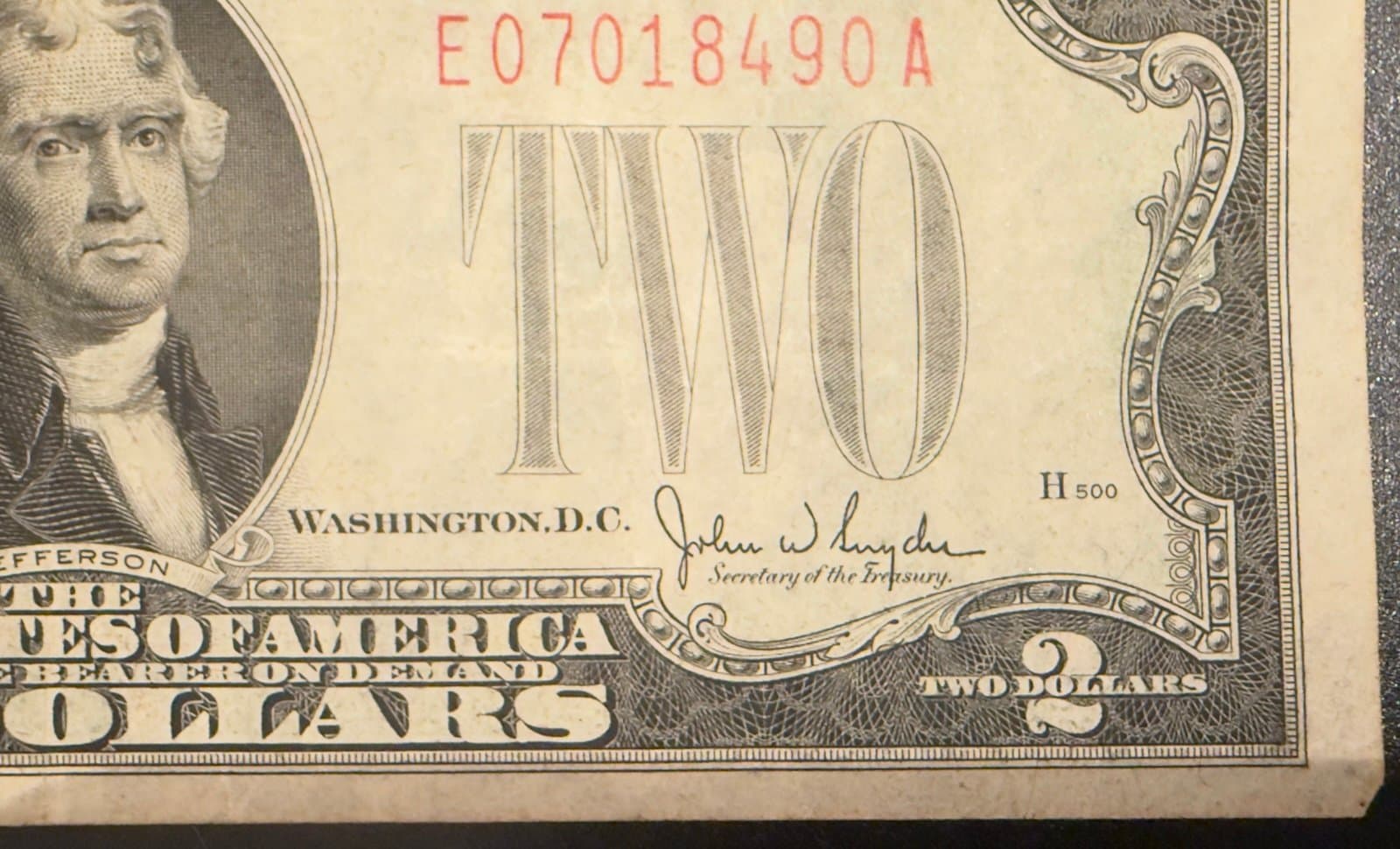 Title: 1928-G $2 Red Seal Note w/ Reverse Ink Transfer - Thumbnail 5