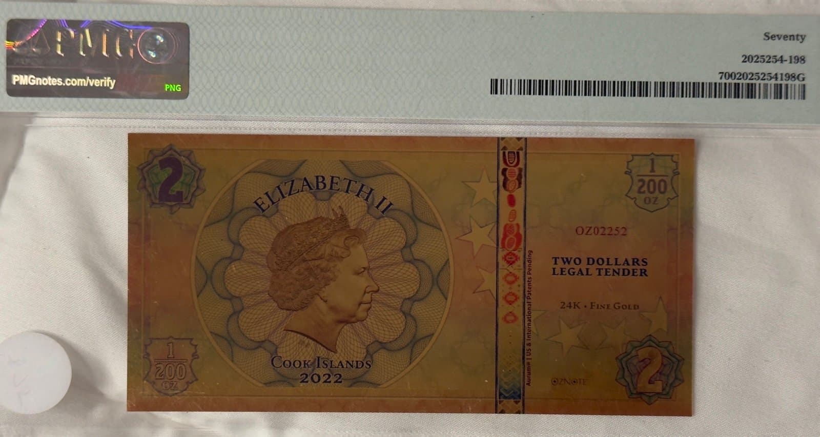2022 Cook Islands $2 “7 Pillars of Humanity — Courage” Aurum Gold Note — PMG 70★ - Thumbnail 2