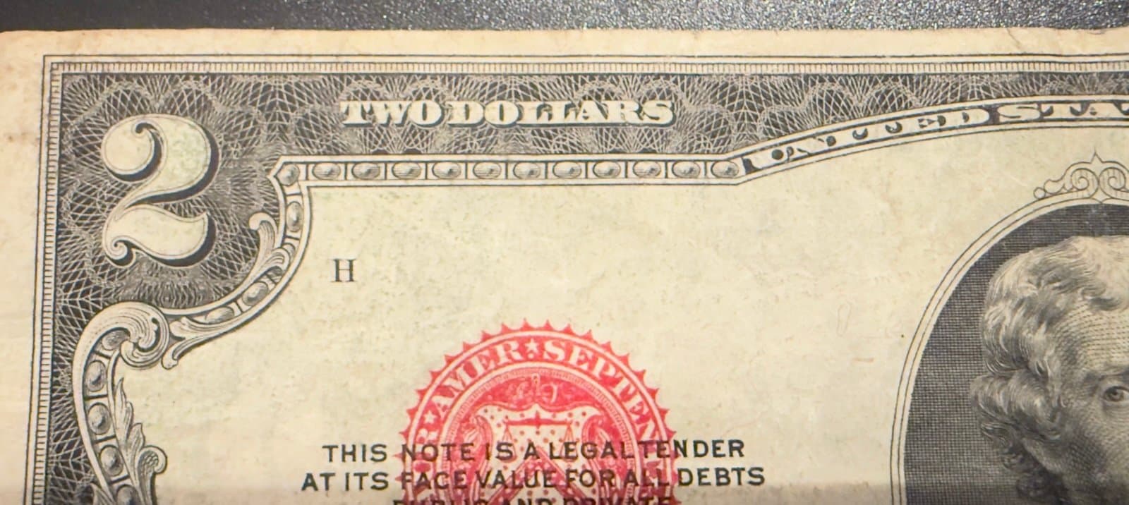 Title: 1928-G $2 Red Seal Note w/ Reverse Ink Transfer - Thumbnail 3