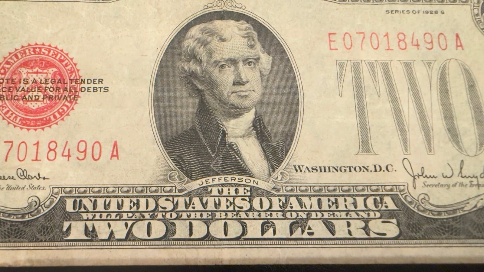 Title: 1928-G $2 Red Seal Note w/ Reverse Ink Transfer - Thumbnail 11