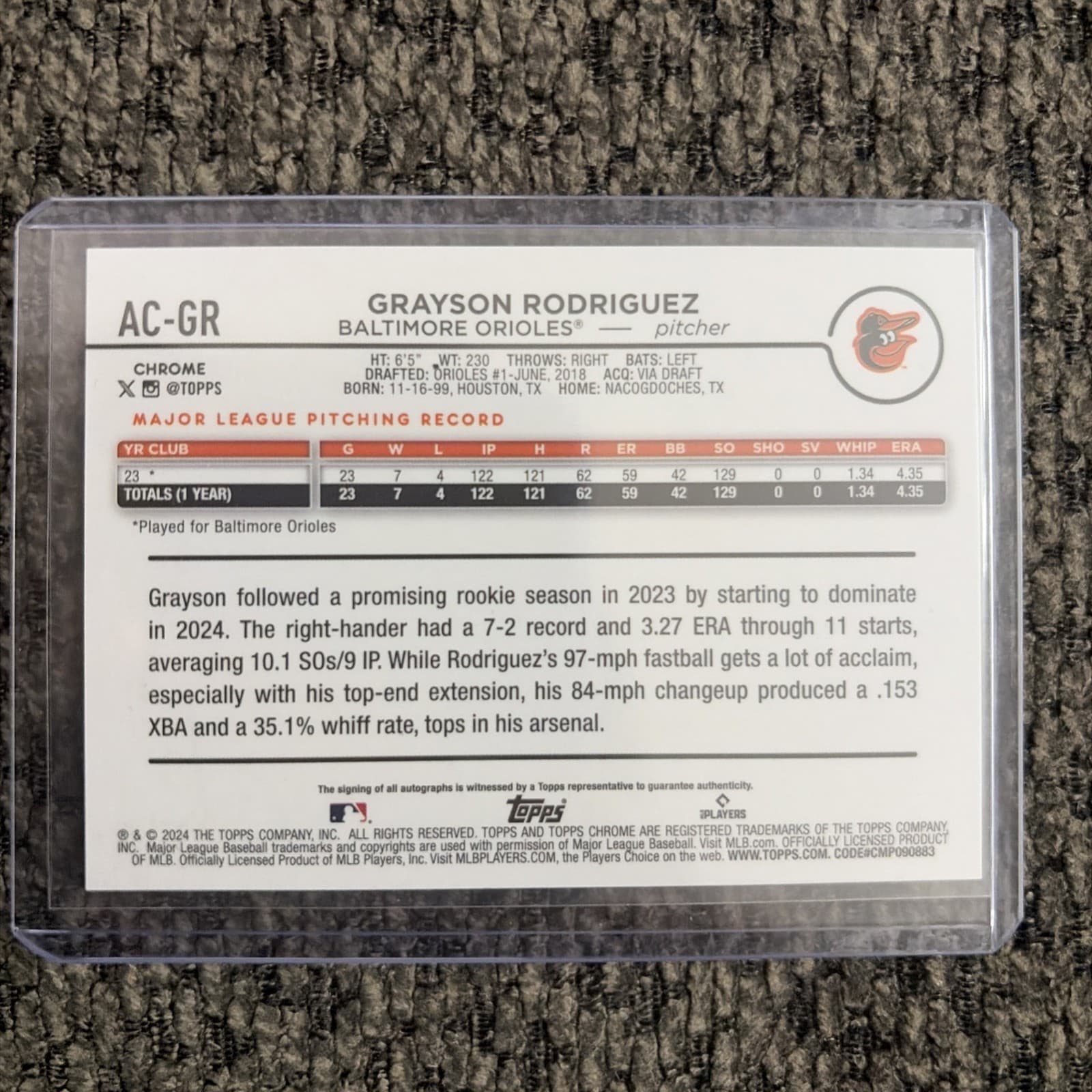 2024 Topps Chrome Update Grayson Rodriguez #AC-GR Blue Refractor Auto 013/150 - Thumbnail 3