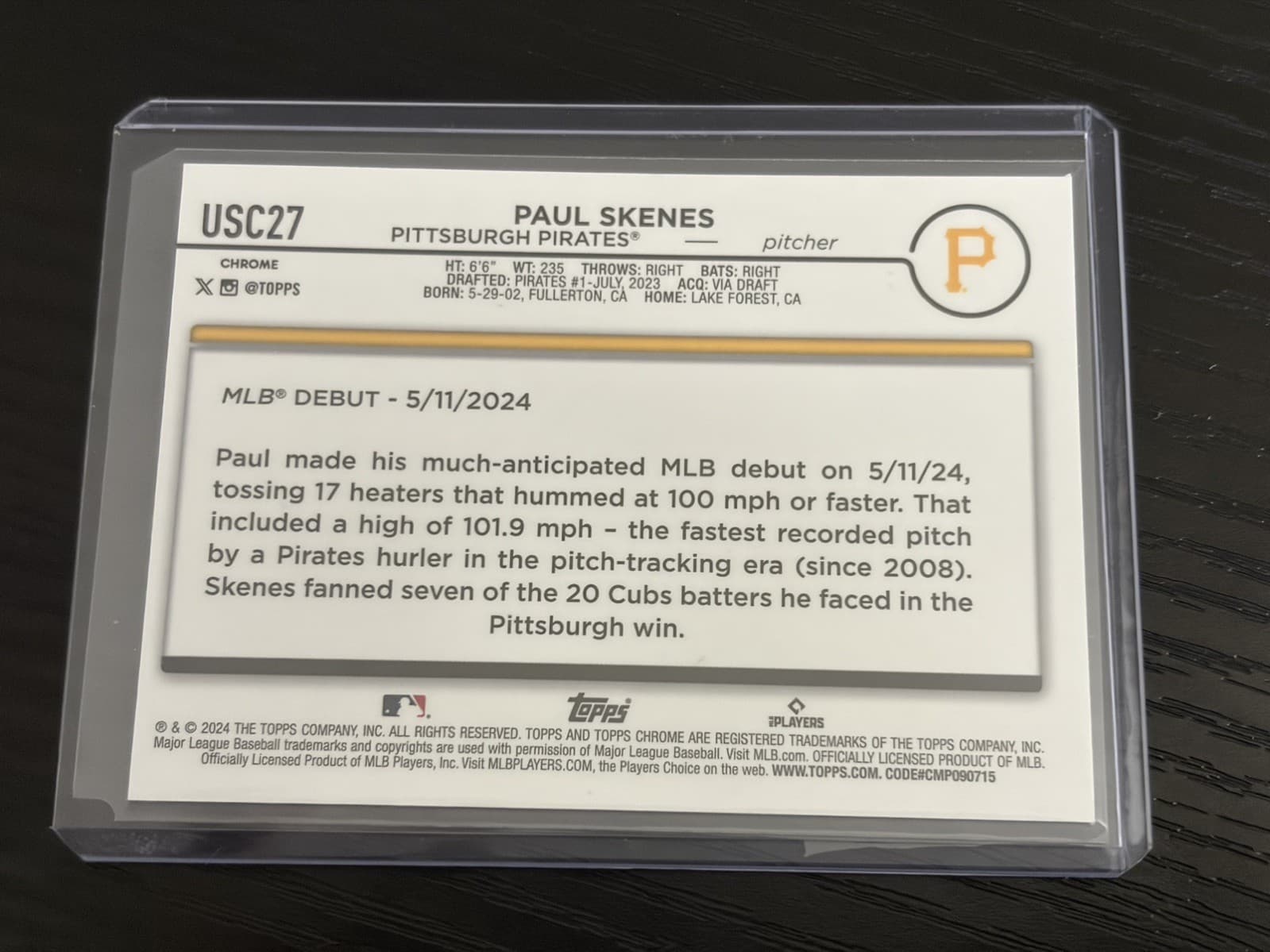 Topps Chrome 2024 Update Paul Skenes Rookie Debut RC #USC27 Pirates 🔥 - Thumbnail 2