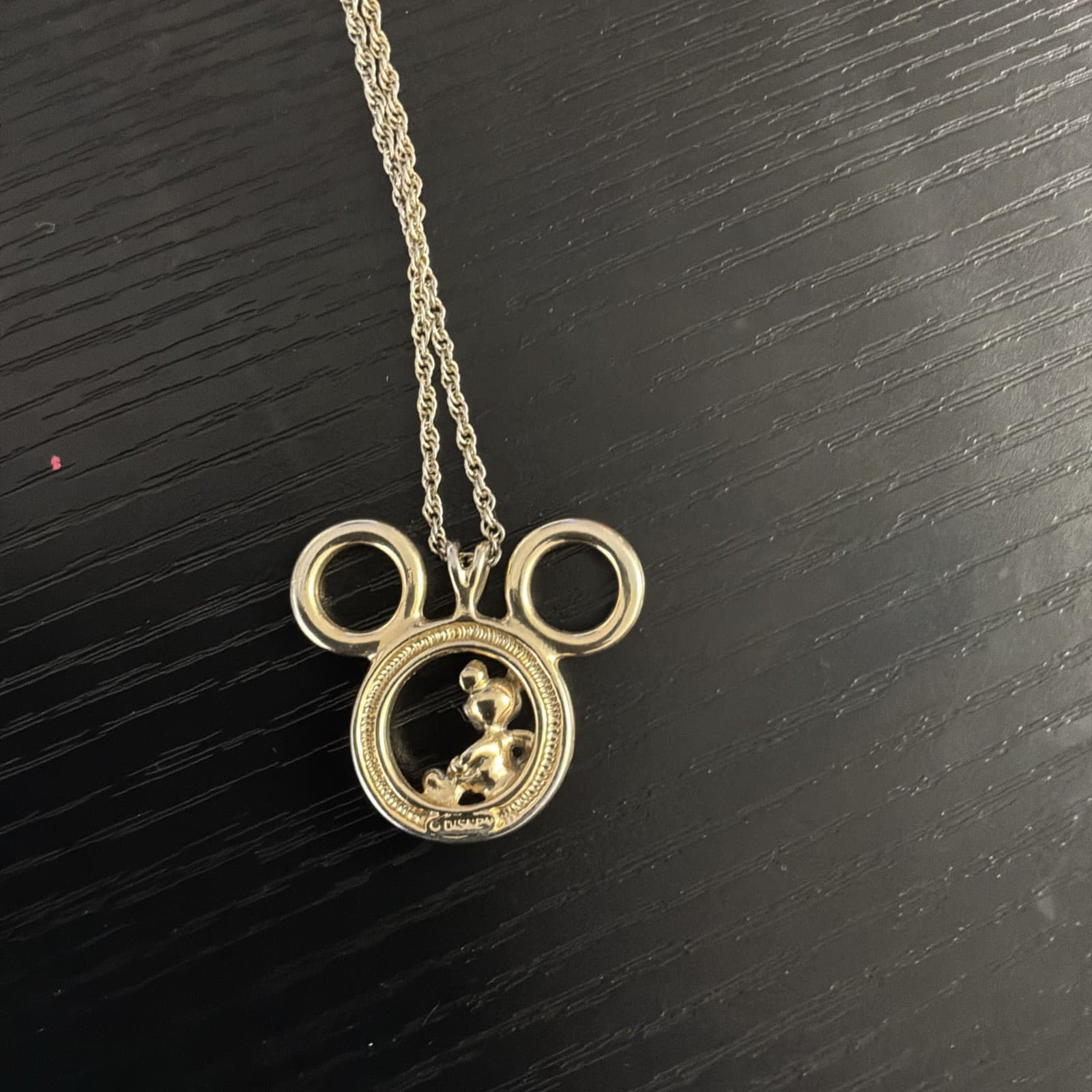 Vintage DISNEY Open MICKEY Logo GOLD Tone w SILVER Mickey Mouse PENDANT Necklace - Thumbnail 3