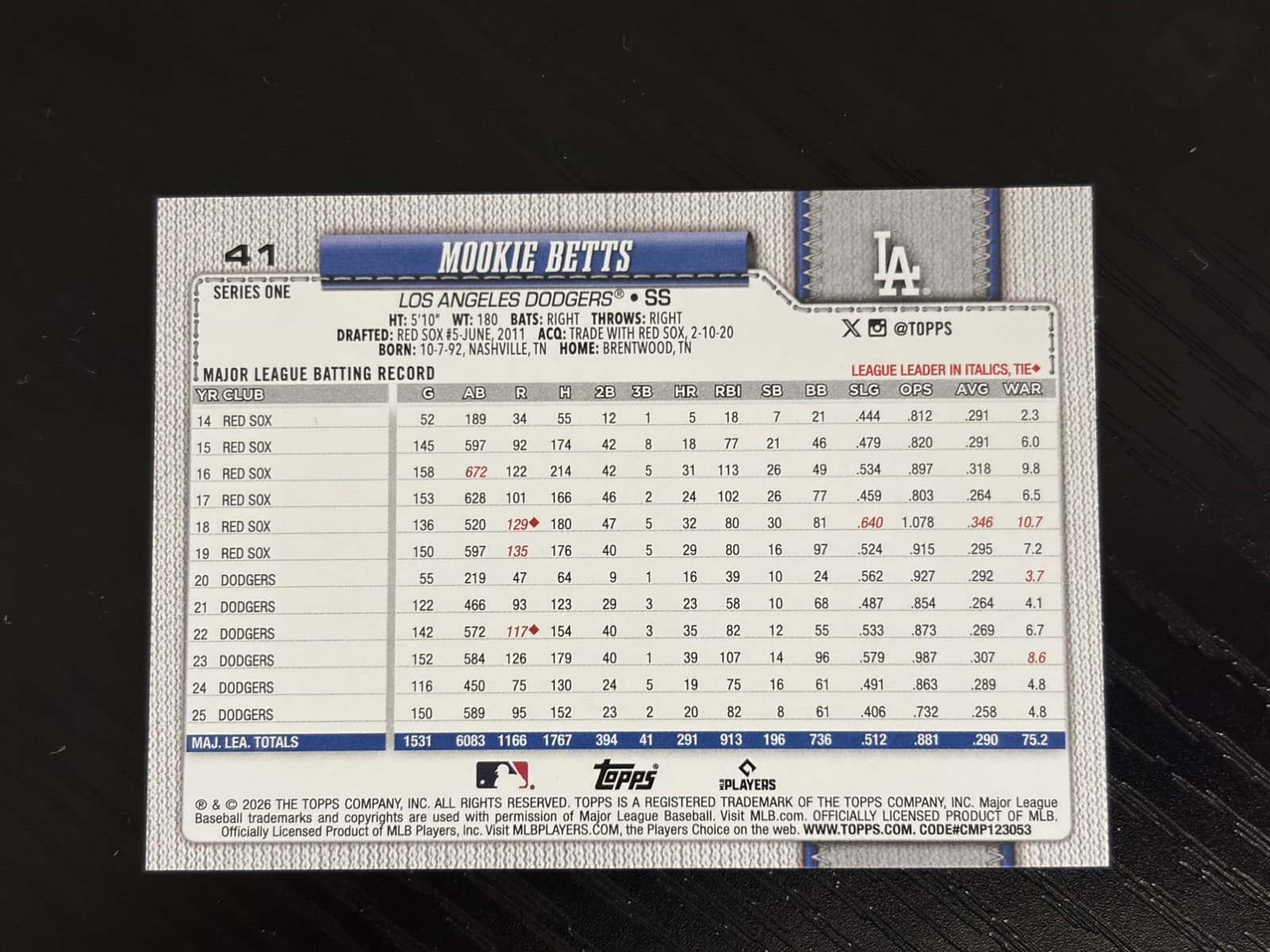 2026 Topps #41 Mookie Betts DODGERS - Thumbnail 2