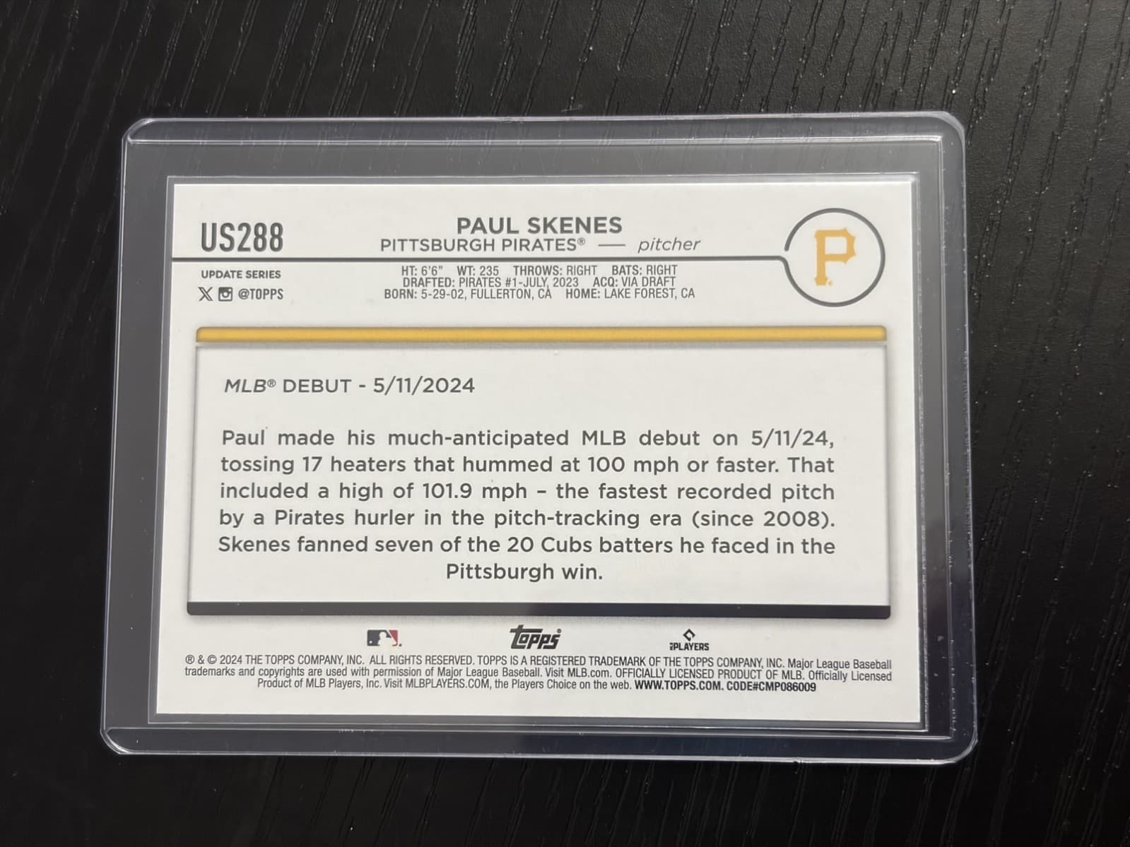 2024 Topps Update Series - Rookie Debut #US288 Paul Skenes Pirates Baseball - Thumbnail 2