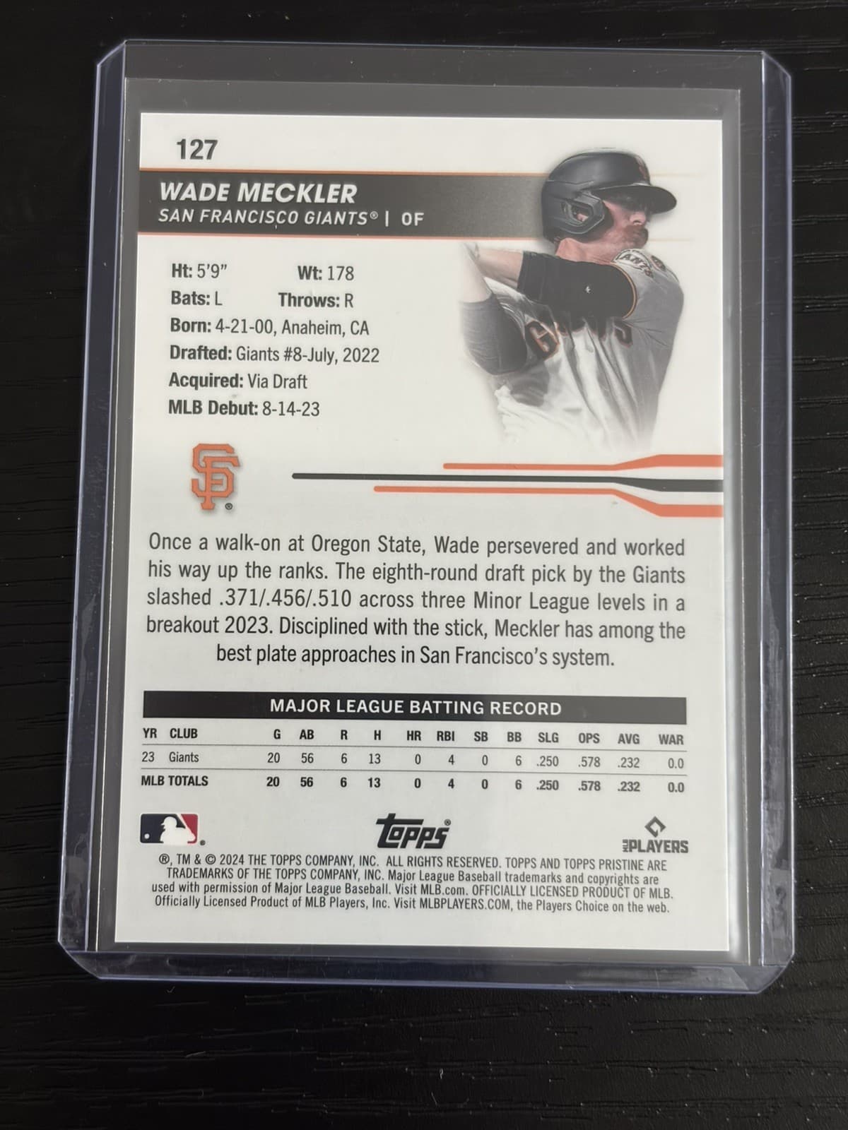 2024 Topps Pristine Wade Meckler SP Purple 20/99 RC GIANTS - Thumbnail 2