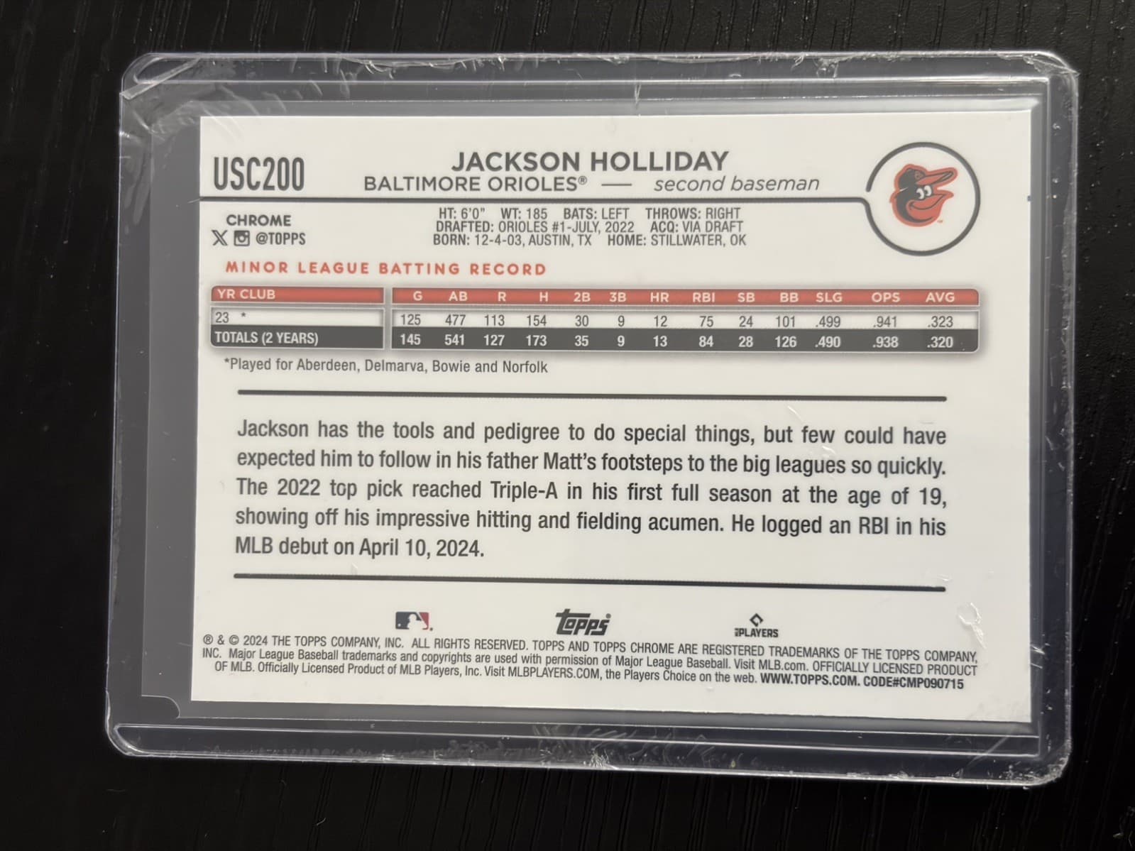 2024 Topps Chrome Update Jackson Holliday RC #USC200 Orioles Base Rookie - Thumbnail 3