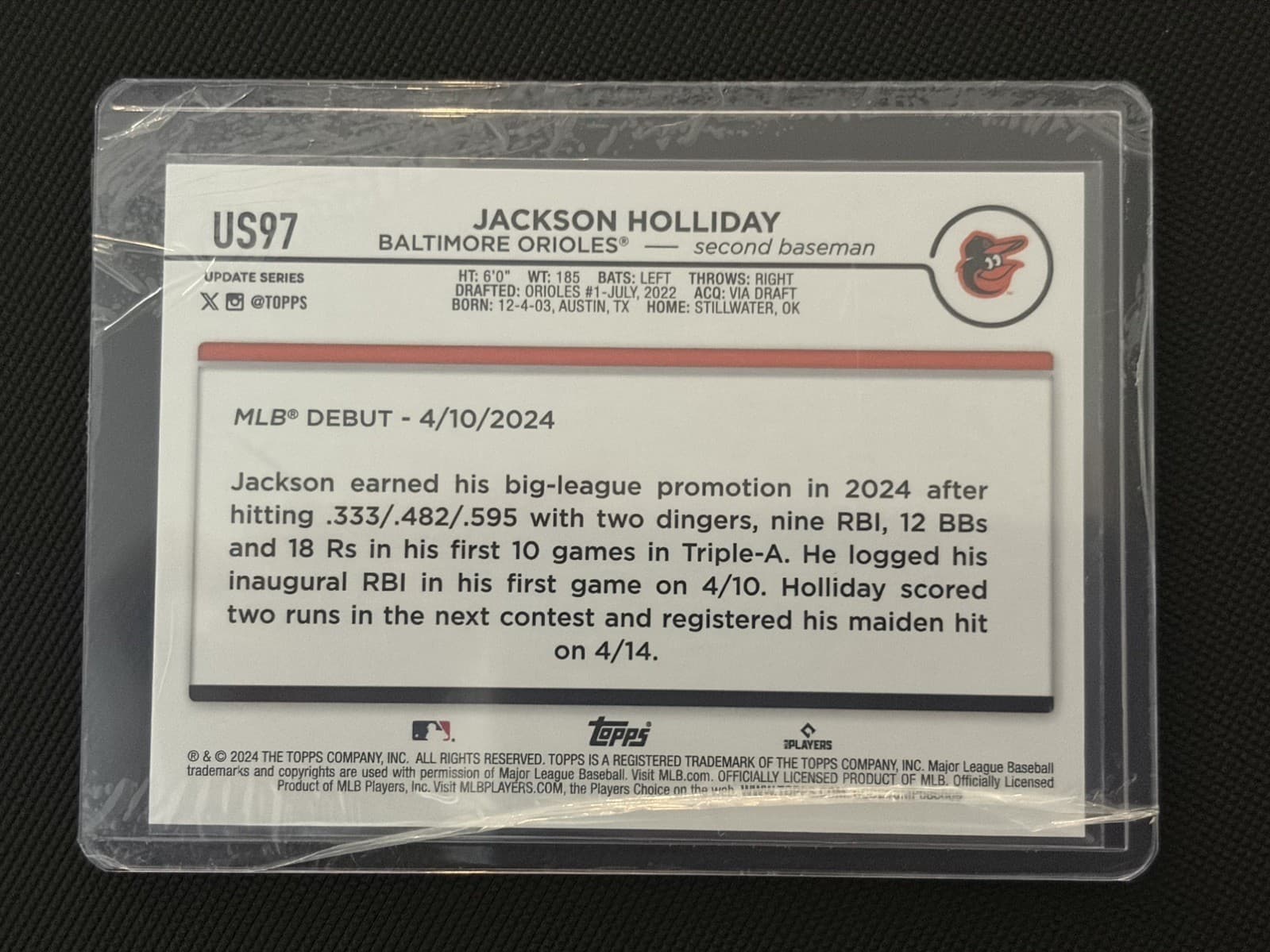 2024 Topps Update Series - Rookie Debut Jackson Holliday #US97 (RC) - Orioles - Thumbnail 2