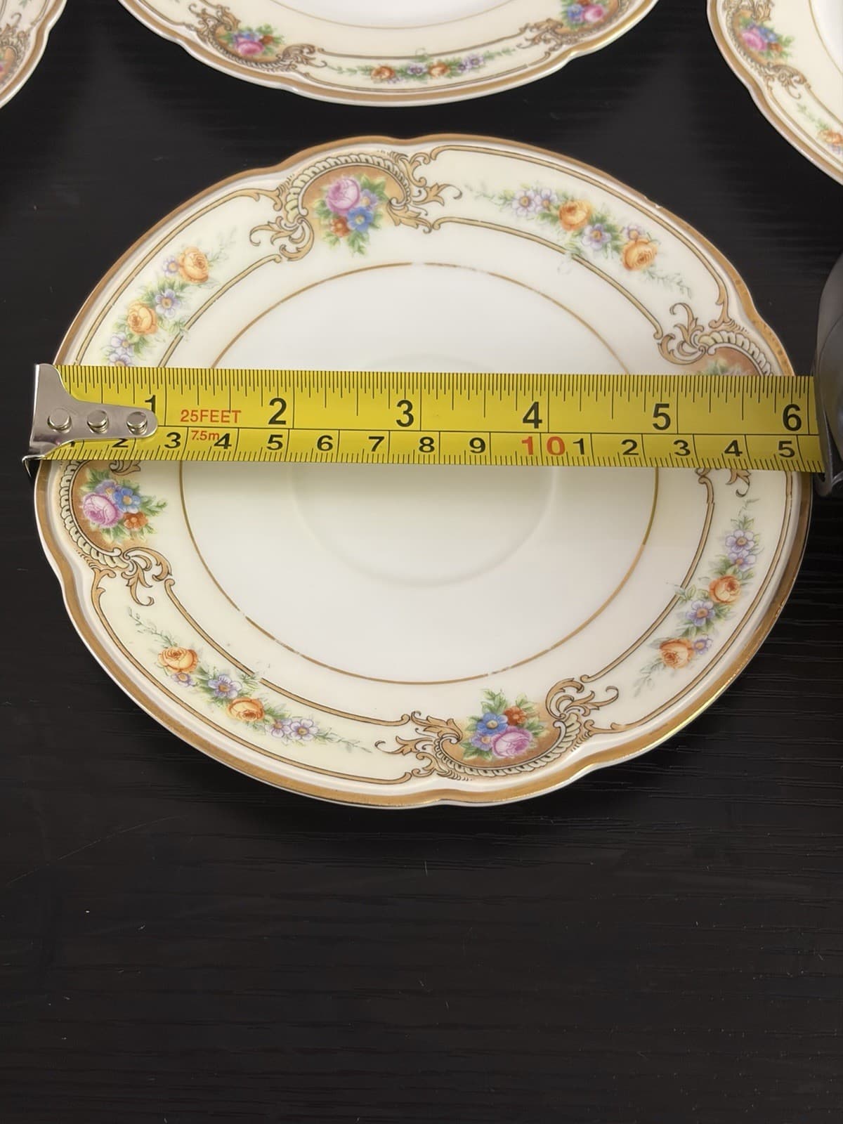 4 pieces Hutschenreuther Black Knight Floral Gold Rim Porcelain Saucer 6 in - Thumbnail 2