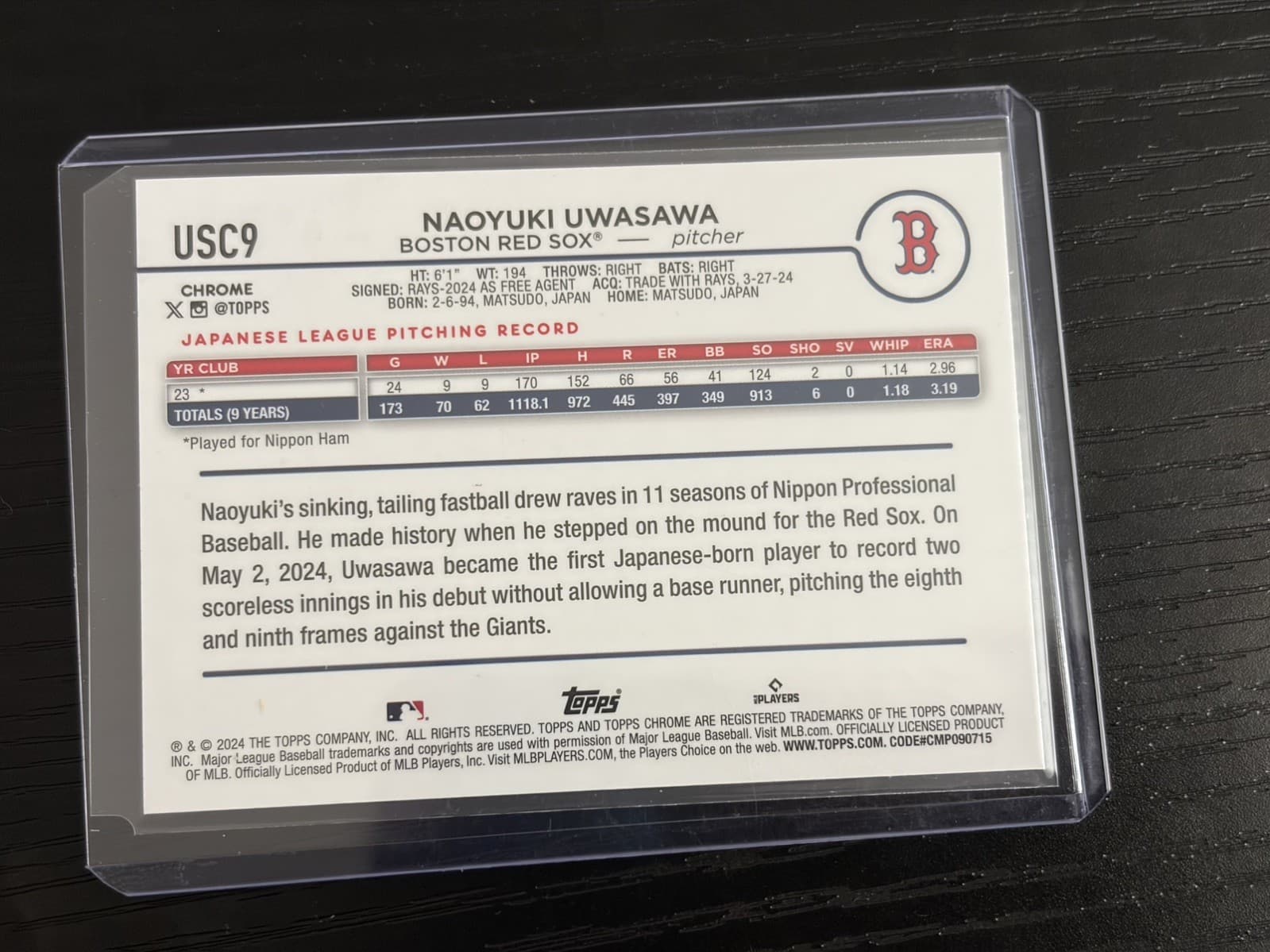 Naoyuki Uwasawa 2024 Topps Chrome Update Green Refractor RC 42/99 SGC 10 Red Sox - Thumbnail 3