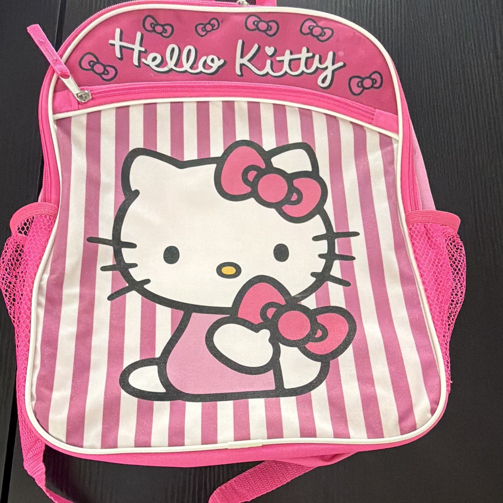 Hello Kitty Small Pink & White Striped Polyester Zip Backpack, Adjustable Strap - Thumbnail 2