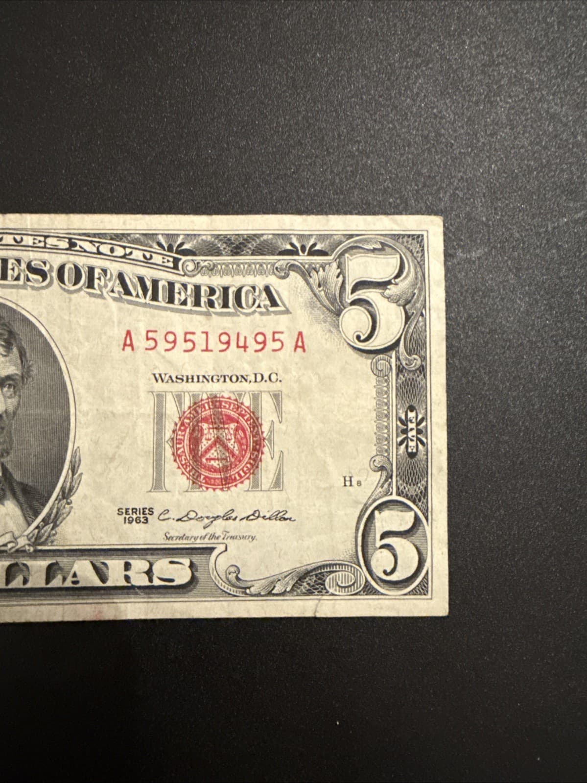 1963 $5 United States Note Red Seal Fr 1536 Legal Tender Granahan Dillon XF - Thumbnail 2