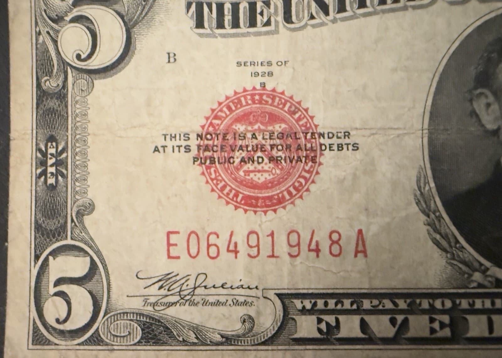 1928B $5 United States Note Red Seal Legal Tender Julian Morgenthau Fr 1527 - Thumbnail 3