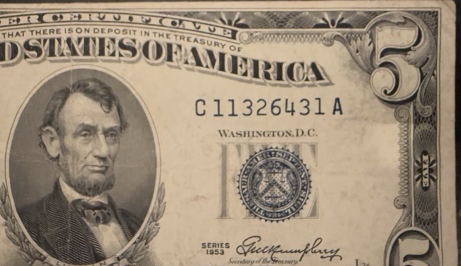 1953 $5 Silver Certificate Blue Seal Fr 1655 Priest Humphrey C-A Circulated - Thumbnail 6