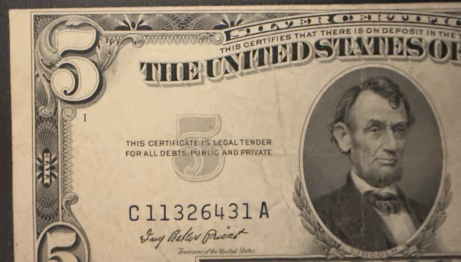 1953 $5 Silver Certificate Blue Seal Fr 1655 Priest Humphrey C-A Circulated - Thumbnail 5