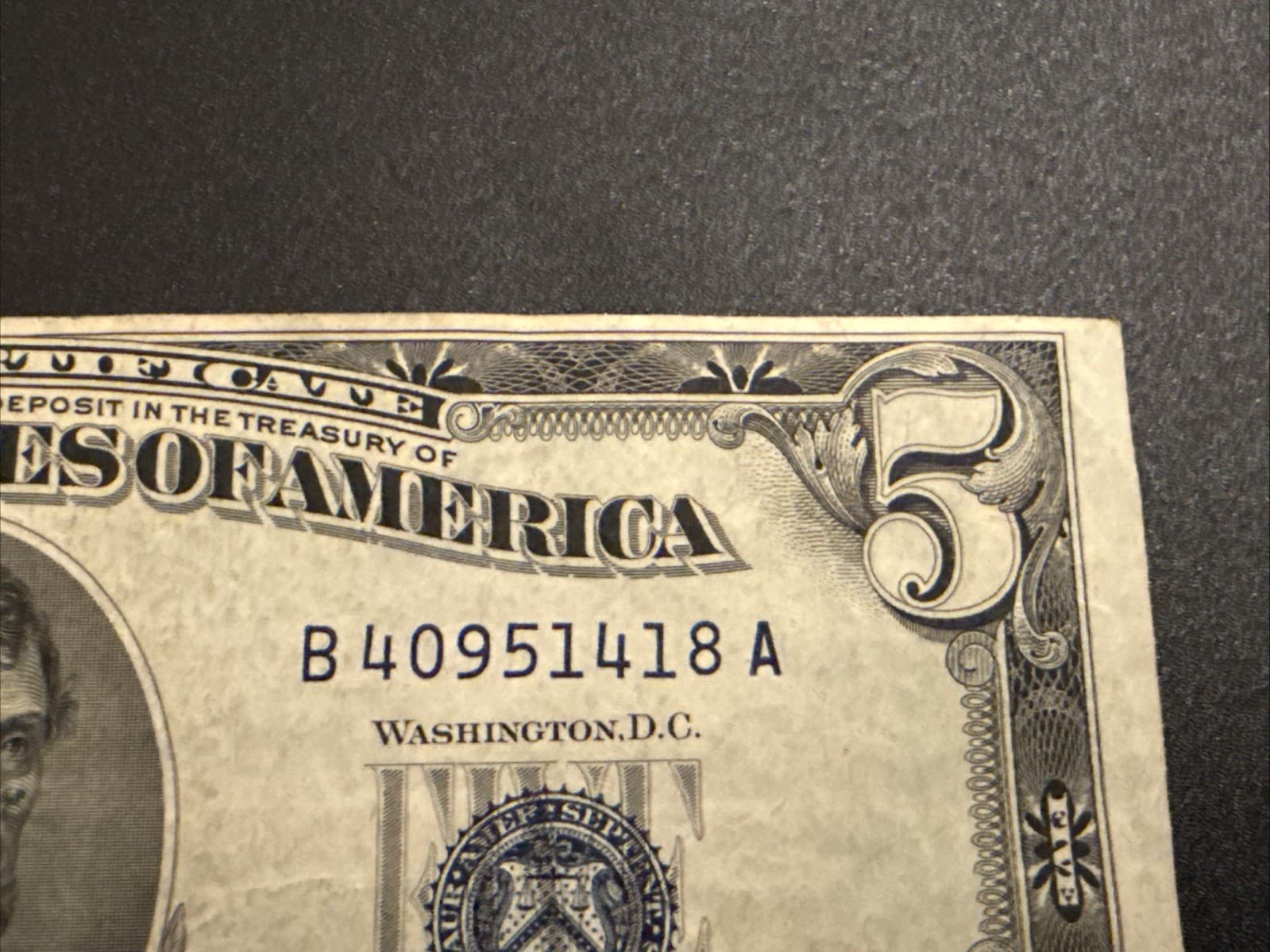1953 $5 Silver Certificate Blue Seal Fr 1655 Fine VF20 Minor Misalignment - Thumbnail 4