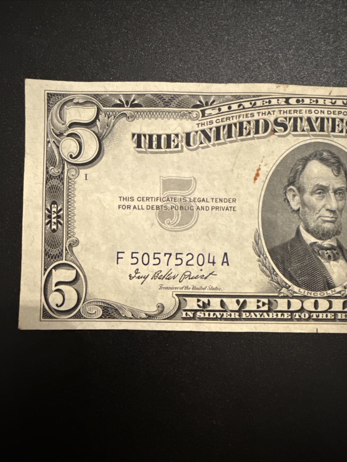 1953A $5 Silver Certificate Blue Seal Fr 1656 Priest Anderson Note - AU - Thumbnail 5
