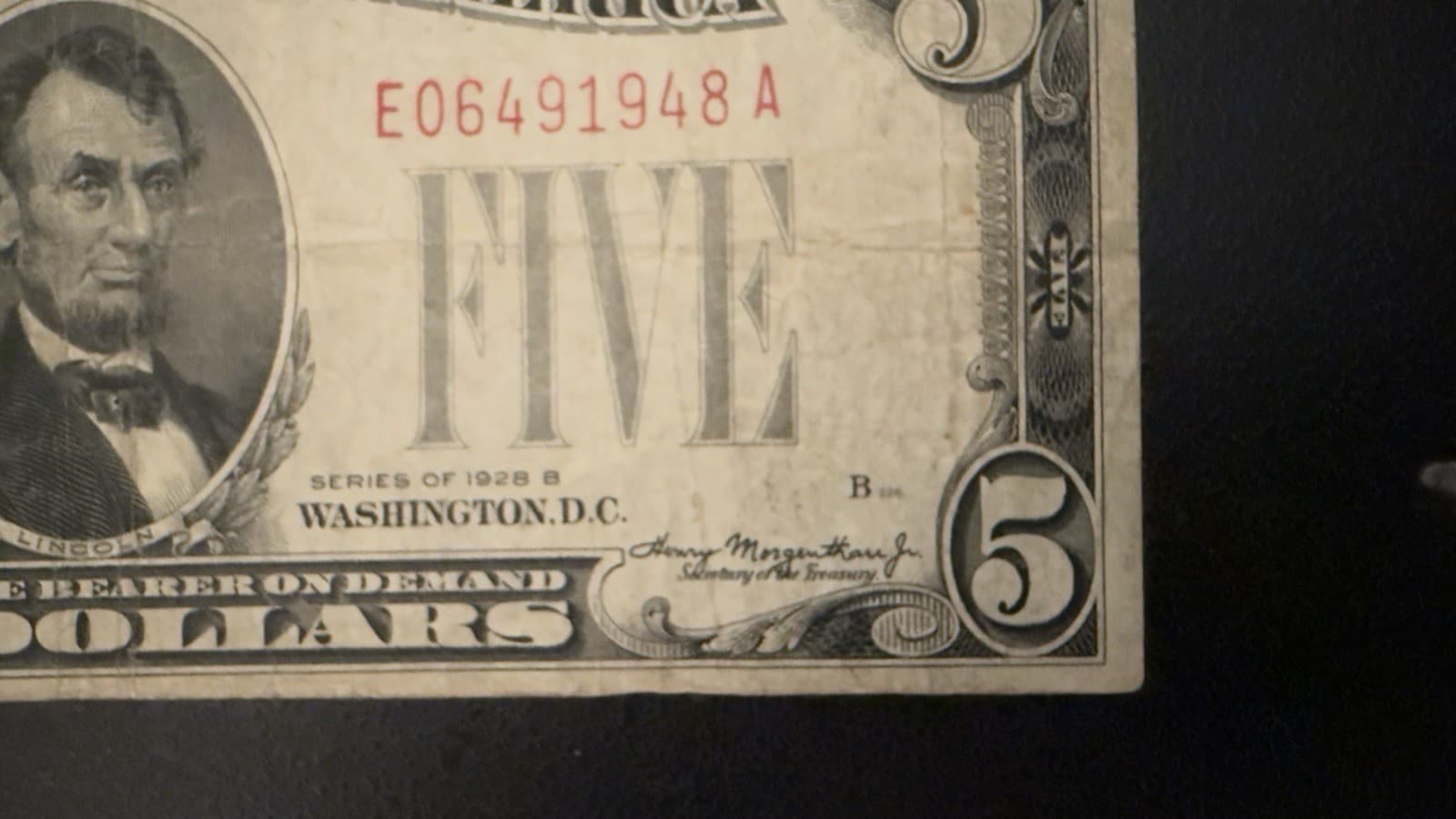 1928B $5 United States Note Red Seal Legal Tender Julian Morgenthau Fr 1527 - Thumbnail 6