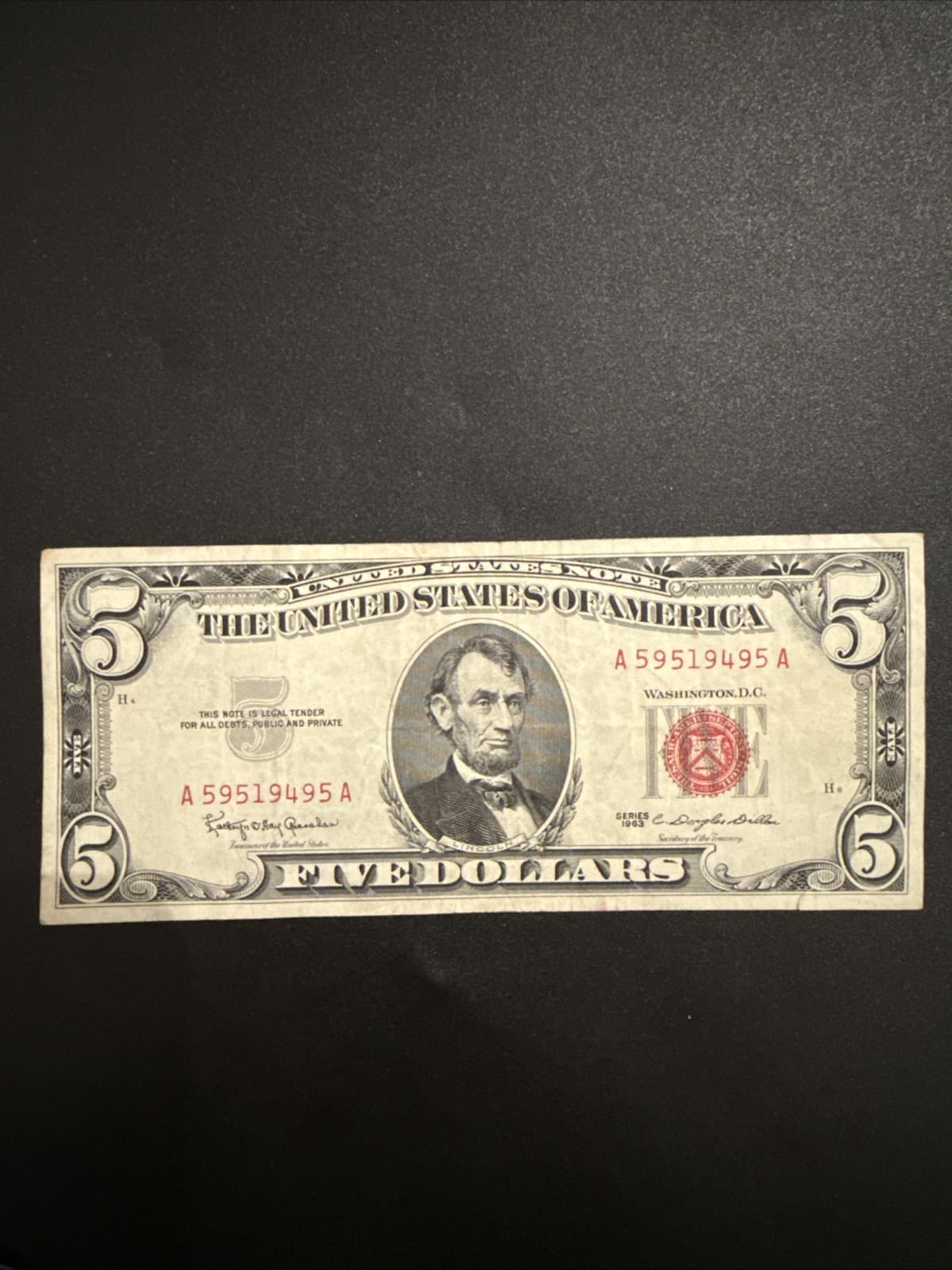 1963 $5 United States Note Red Seal Fr 1536 Legal Tender Granahan Dillon XF - Thumbnail 6