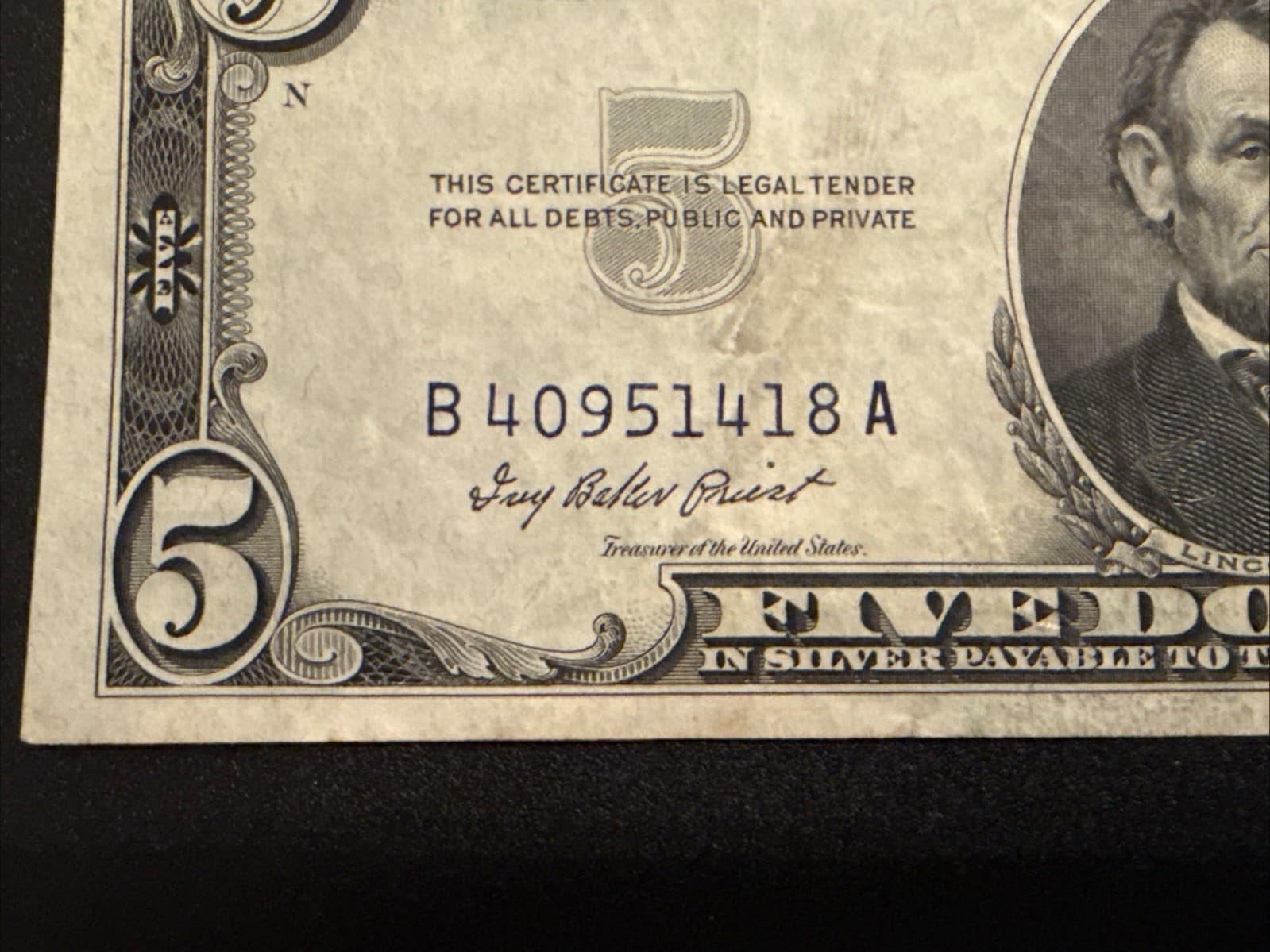 1953 $5 Silver Certificate Blue Seal Fr 1655 Fine VF20 Minor Misalignment - Thumbnail 6