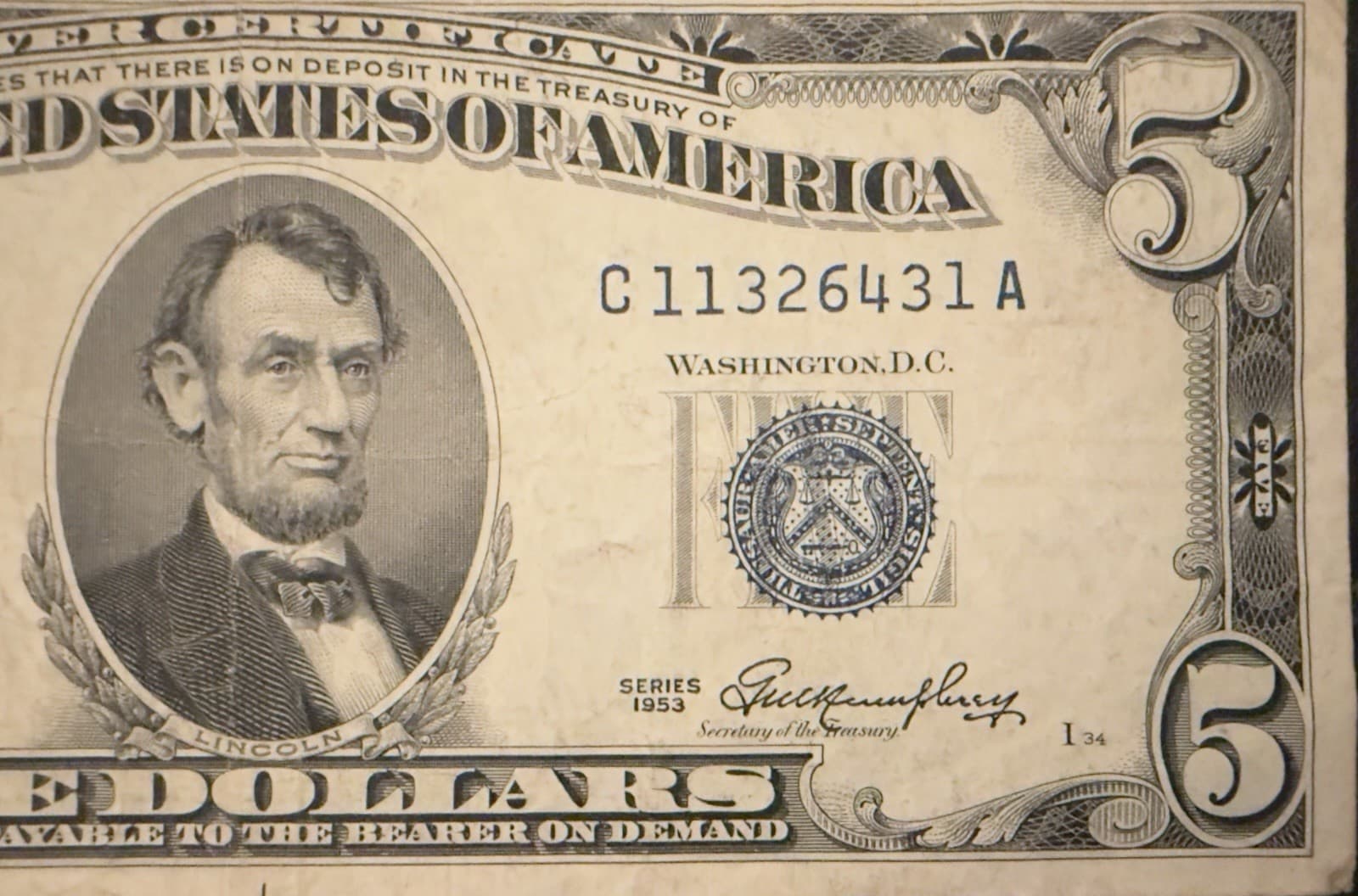 1953 $5 Silver Certificate Blue Seal Fr 1655 Priest Humphrey C-A Circulated - Thumbnail 4