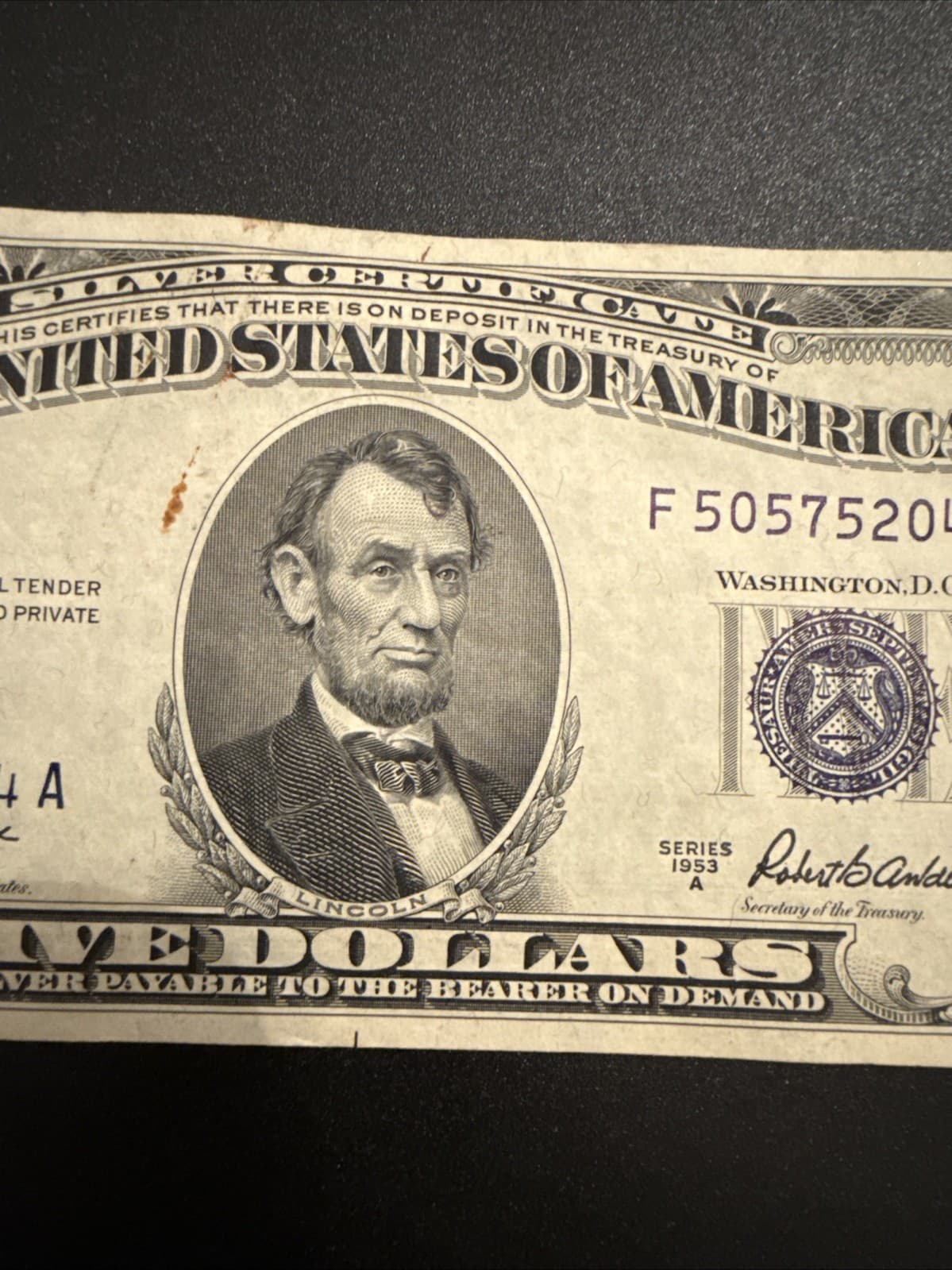 1953A $5 Silver Certificate Blue Seal Fr 1656 Priest Anderson Note - AU - Thumbnail 4