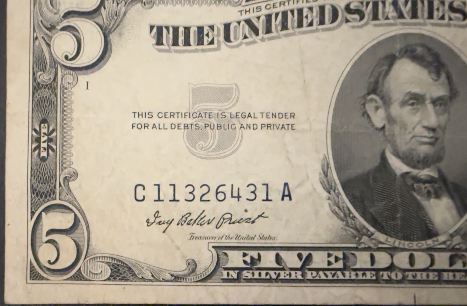 1953 $5 Silver Certificate Blue Seal Fr 1655 Priest Humphrey C-A Circulated - Thumbnail 3