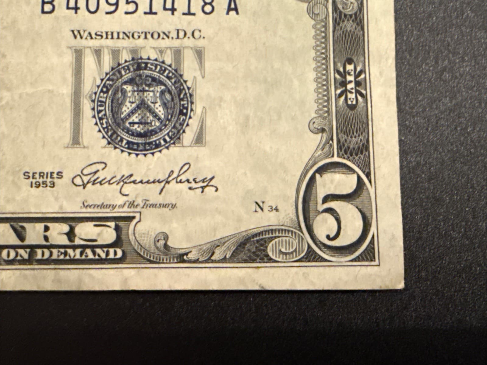 1953 $5 Silver Certificate Blue Seal Fr 1655 Fine VF20 Minor Misalignment - Thumbnail 5