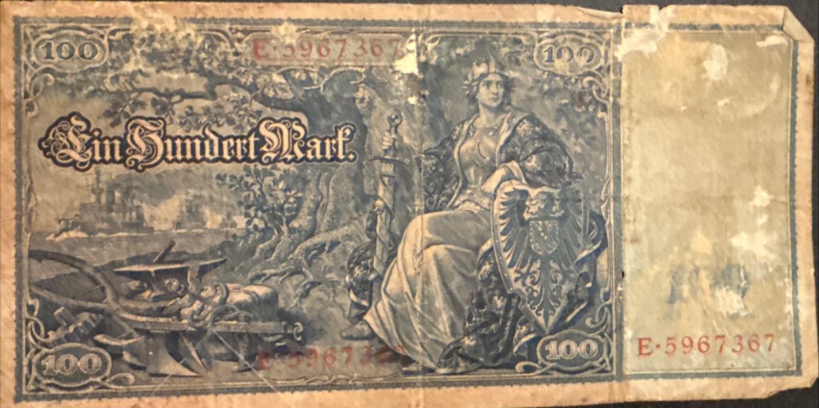 1910 Germany 100 Mark Reichsbanknote P-42 German Empire WWI Era Banknote Poor - Thumbnail 2