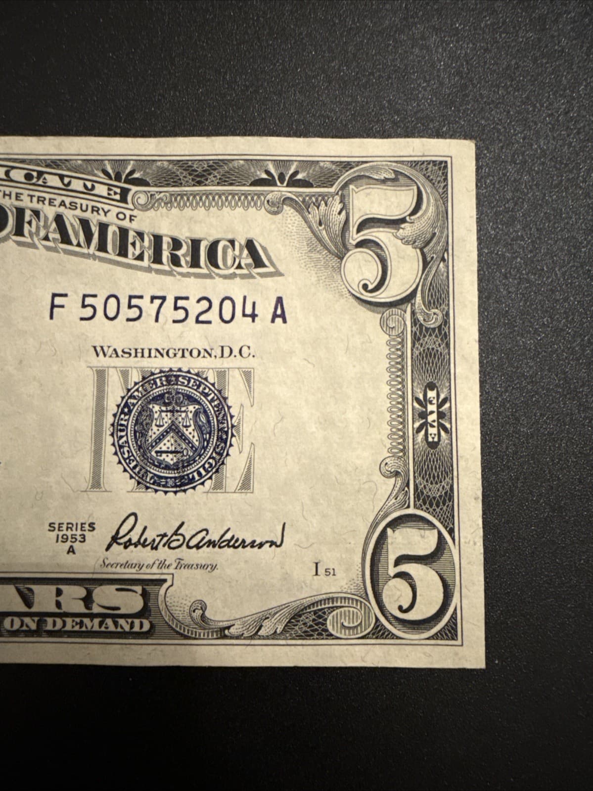 1953A $5 Silver Certificate Blue Seal Fr 1656 Priest Anderson Note - AU - Thumbnail 3