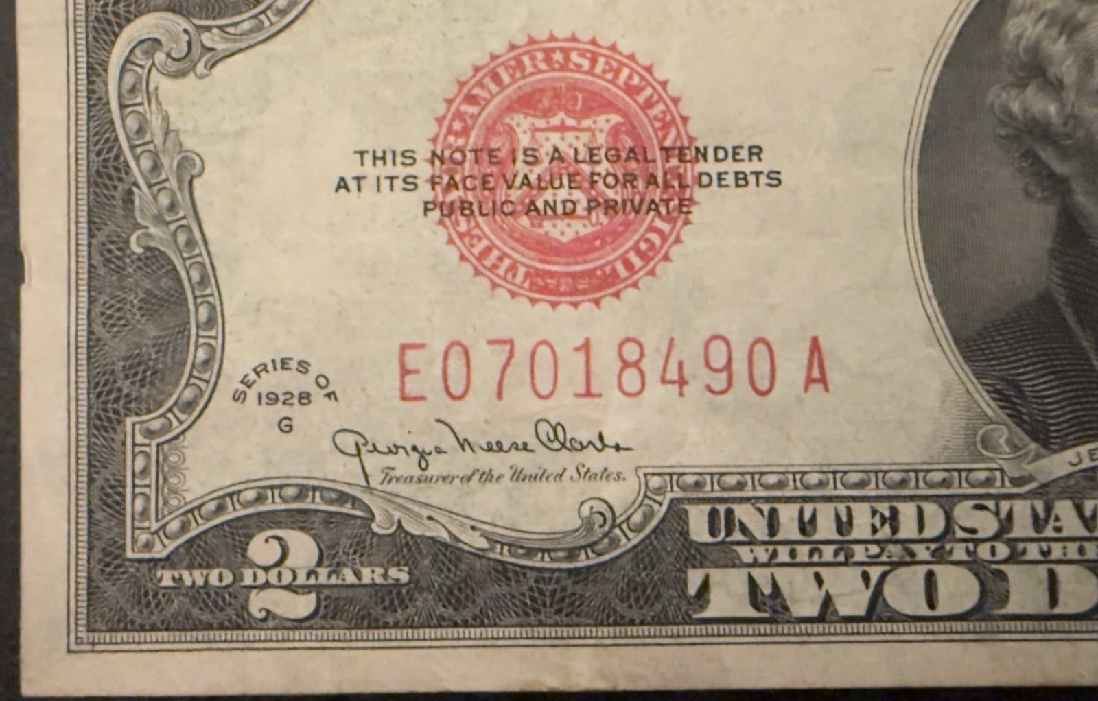 1928G $2 United States Note Red Seal Fr 1508 Clark Snyder Legal Tender - Thumbnail 3