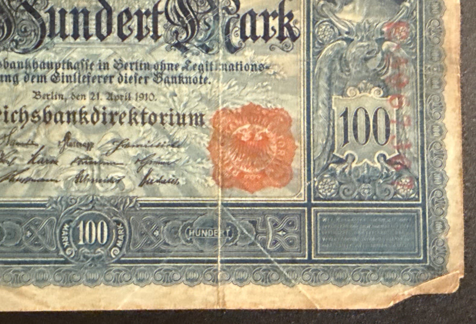 1910 Germany 100 Mark Reichsbanknote P-42 German Empire WWI Era Banknote Poor - Thumbnail 9