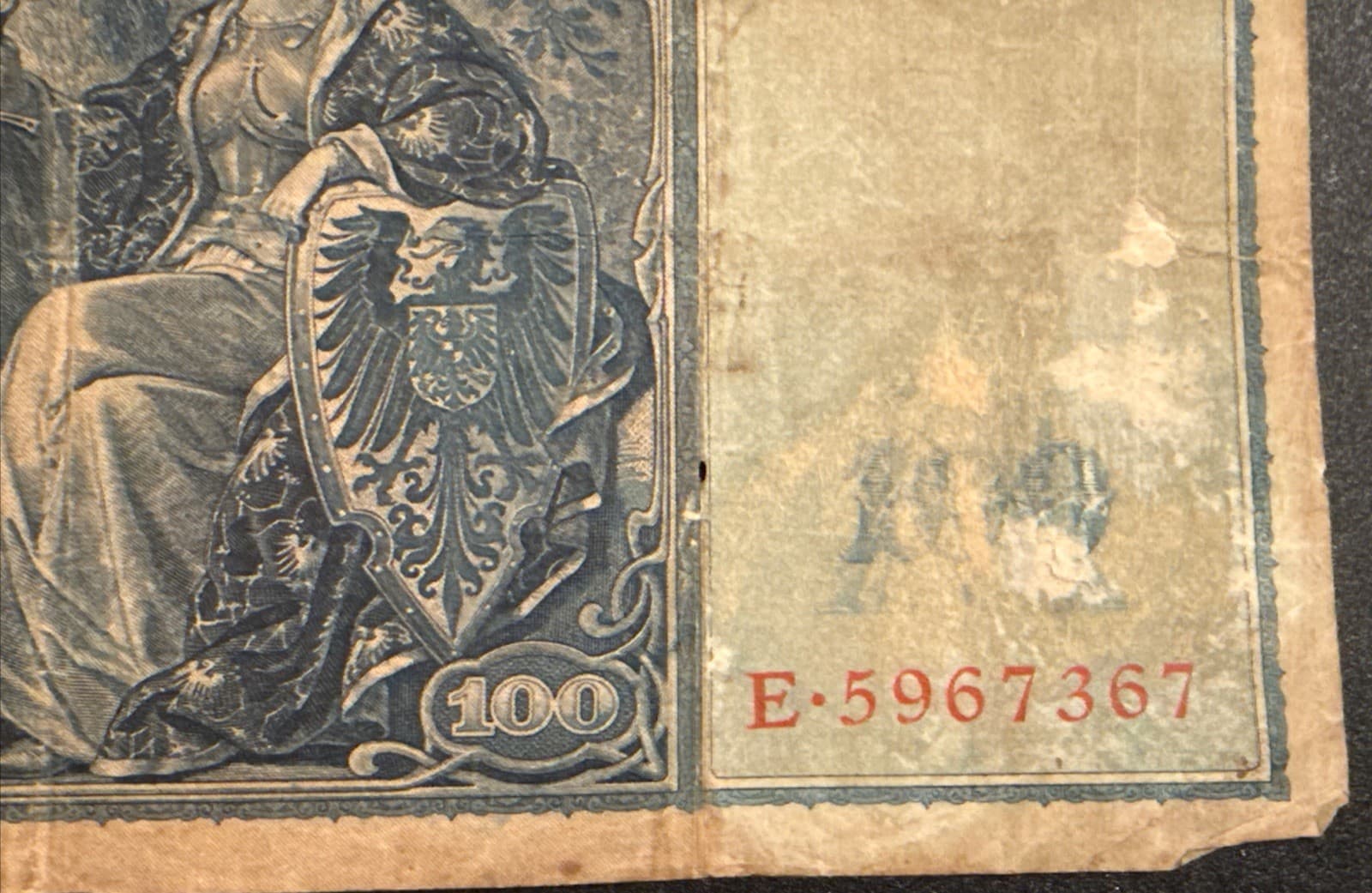 1910 Germany 100 Mark Reichsbanknote P-42 German Empire WWI Era Banknote Poor - Thumbnail 4