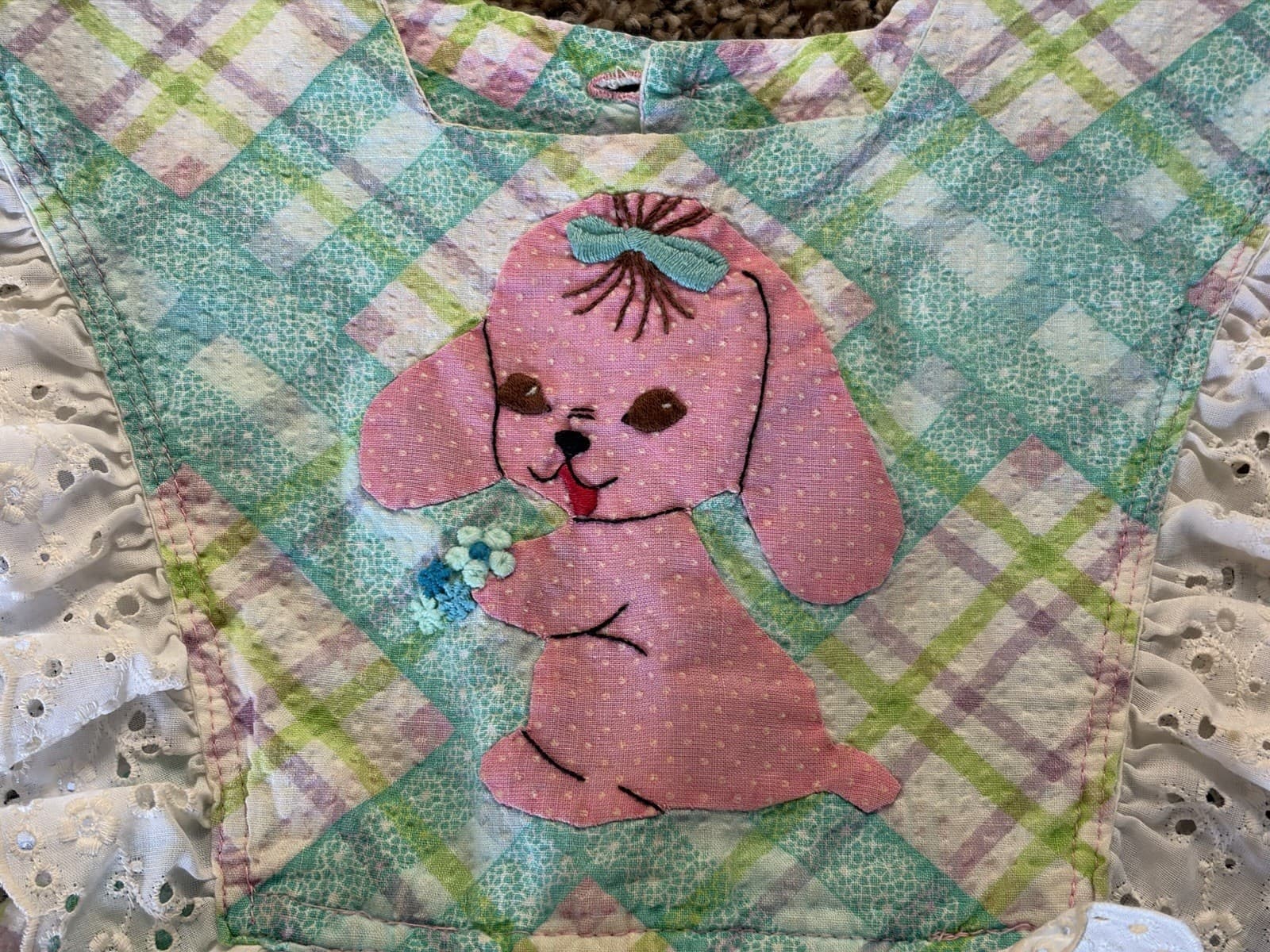 Vintage Girls 2T/3T Plaid Bunny Smocked Ruffle Lace Dress Easter - Thumbnail 3