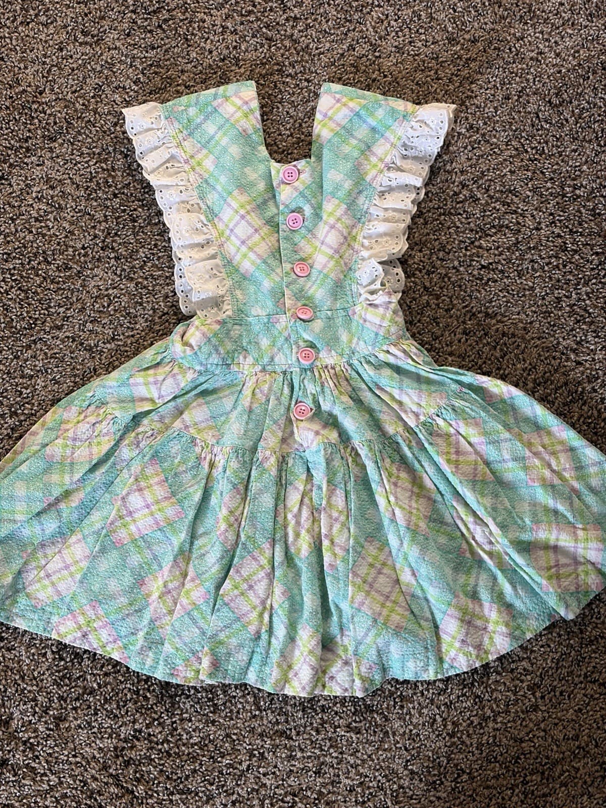 Vintage Girls 2T/3T Plaid Bunny Smocked Ruffle Lace Dress Easter - Thumbnail 4