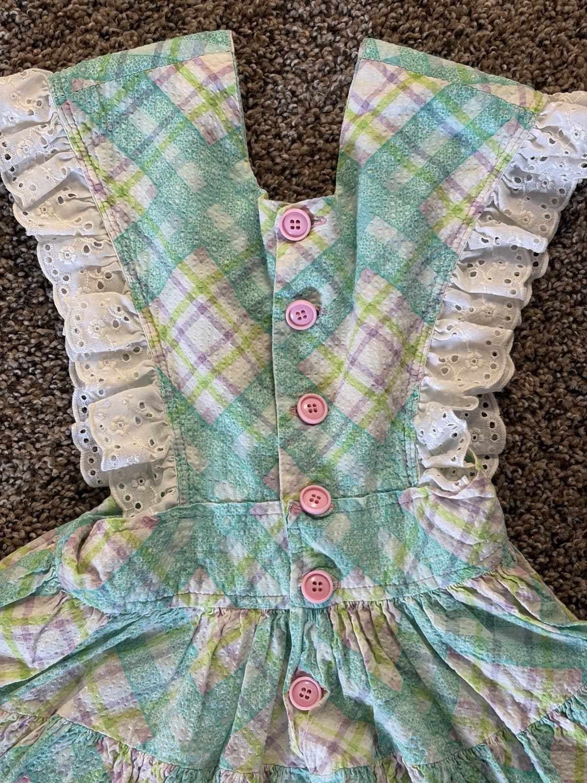 Vintage Girls 2T/3T Plaid Bunny Smocked Ruffle Lace Dress Easter - Thumbnail 5