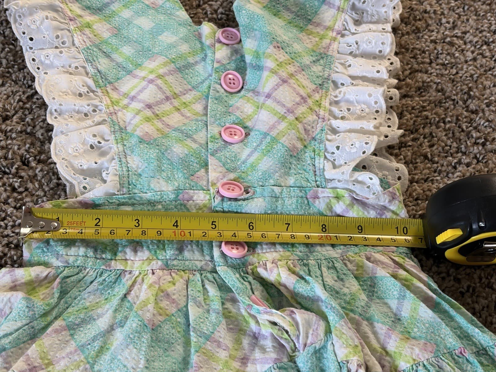 Vintage Girls 2T/3T Plaid Bunny Smocked Ruffle Lace Dress Easter - Thumbnail 8