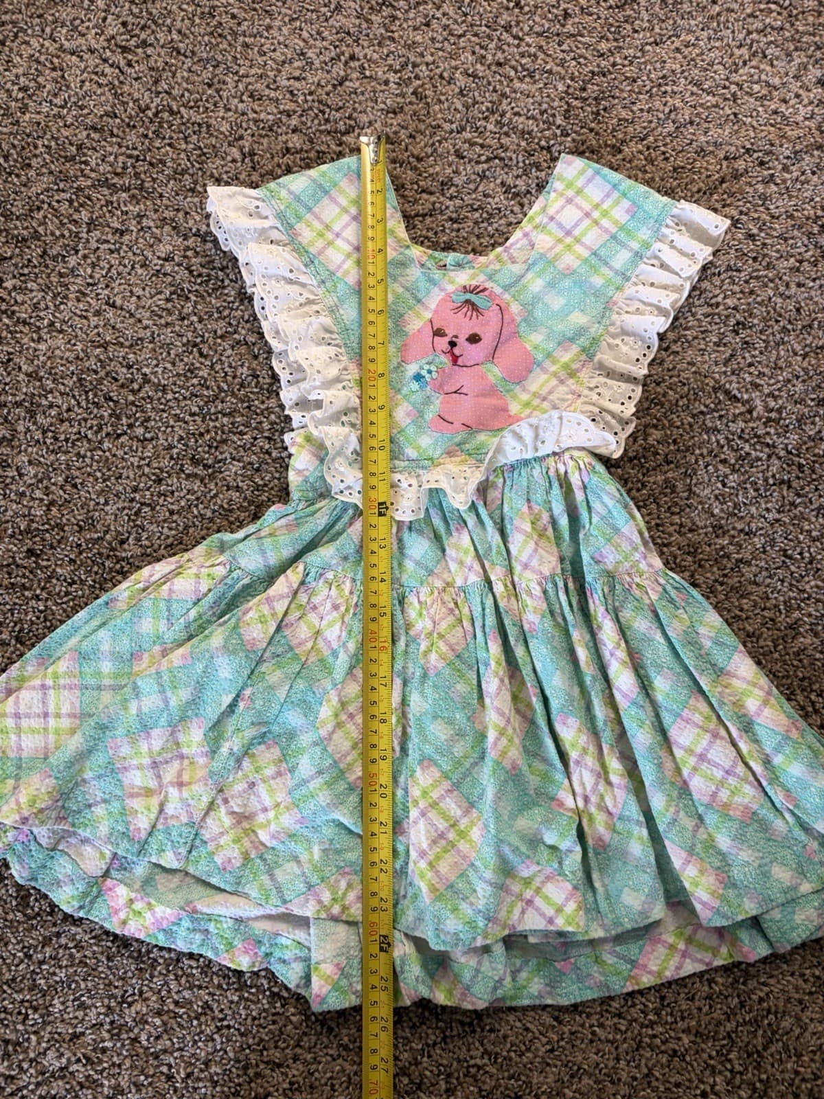 Vintage Girls 2T/3T Plaid Bunny Smocked Ruffle Lace Dress Easter - Thumbnail 7