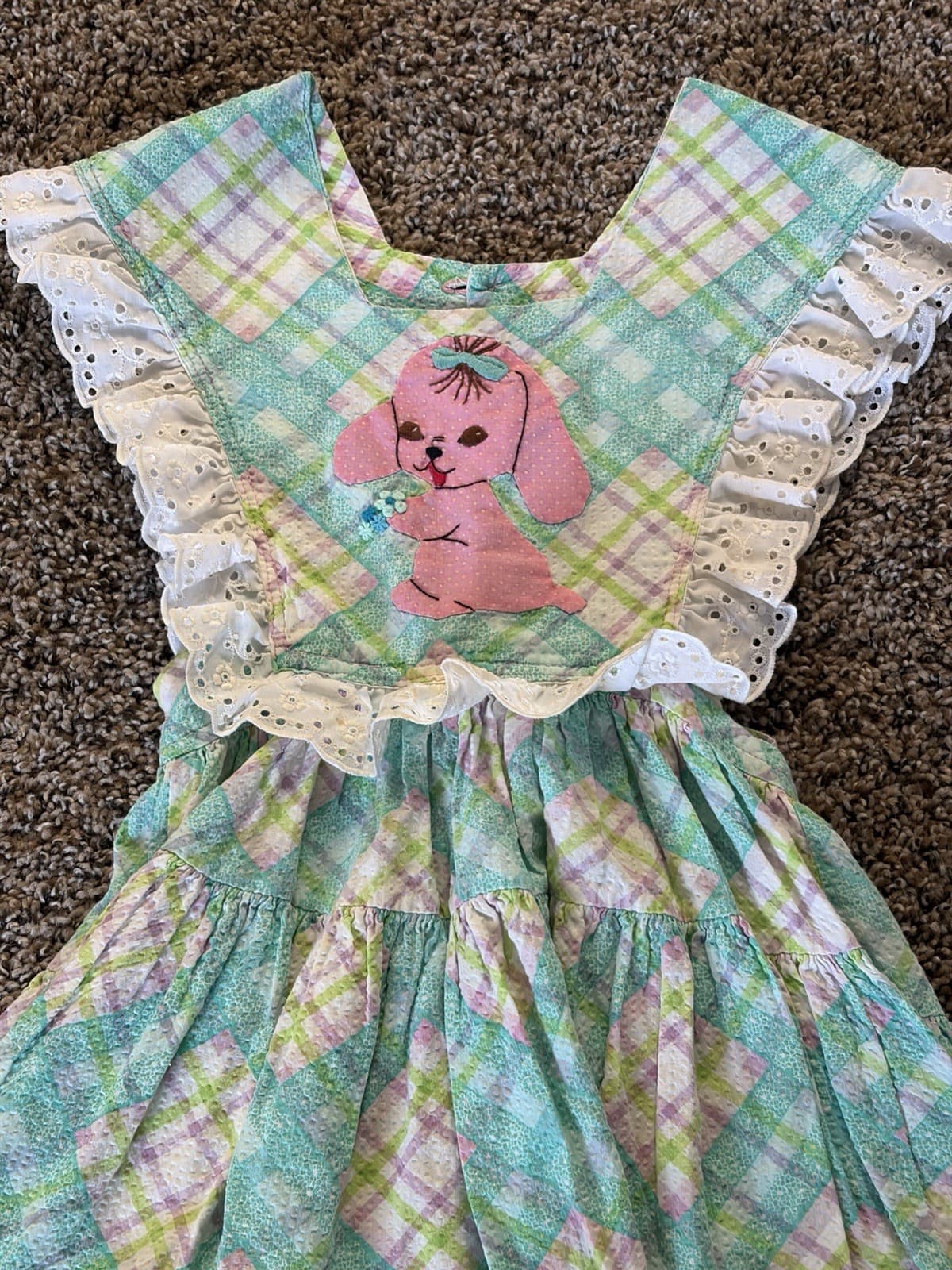 Vintage Girls 2T/3T Plaid Bunny Smocked Ruffle Lace Dress Easter - Thumbnail 2