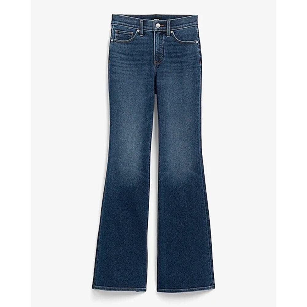 EXPRESS - Womens High Waisted Dark Wash Hyper Sculpt '70s Flare Jeans - 6R - Thumbnail 5