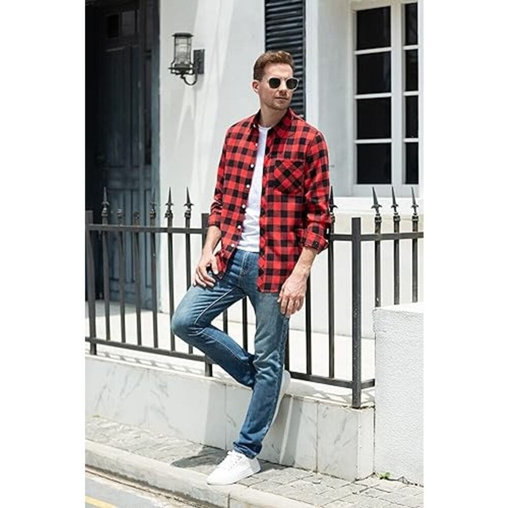 SANGTREE Men Long Sleeve Flannel Plaid Casual Shirts Red/Black- Med - NWT & NIP - Thumbnail 3