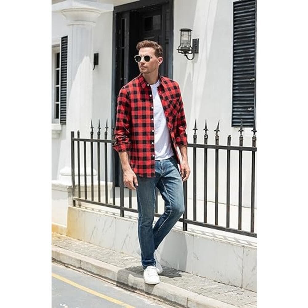 SANGTREE Men Long Sleeve Flannel Plaid Casual Shirts Red/Black- Med - NWT & NIP - Thumbnail 2