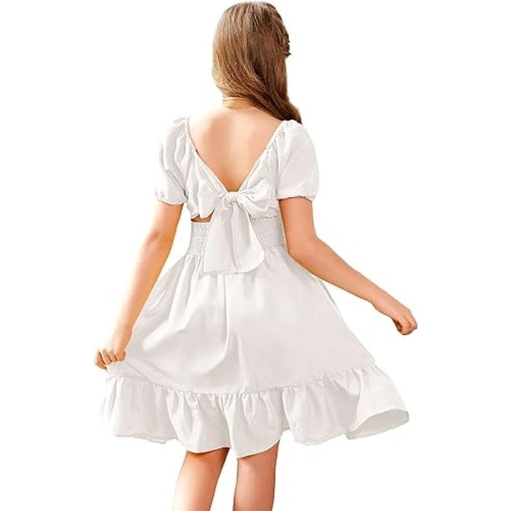 Arshiner Girls Short Sleeve Ruffle Hem Off Shoulder Tie Back Dress - 14 Year - Thumbnail 3